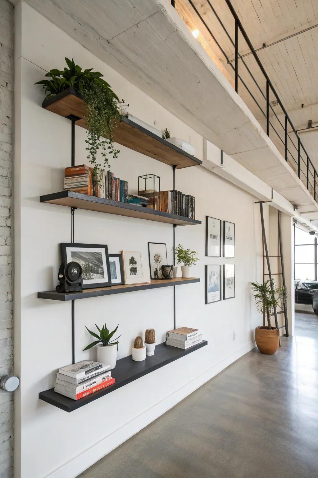 Minimalist wall-mounted shelves within a loft setting.