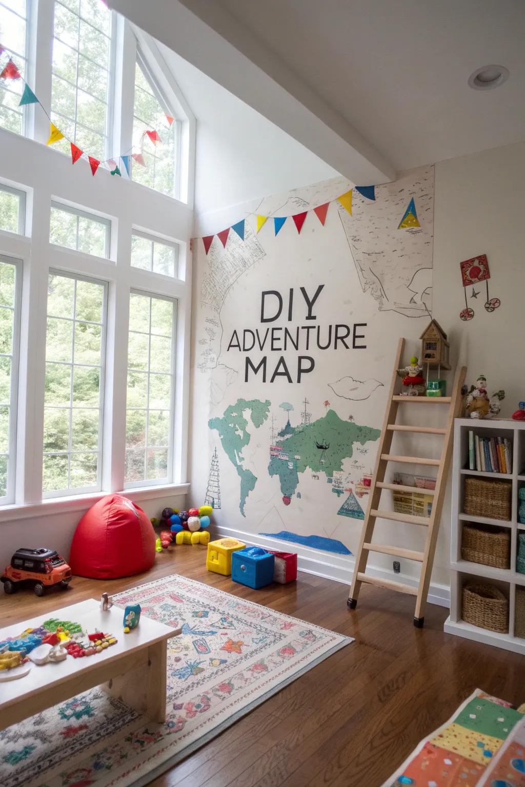 A Do-It-Yourself adventure chart on the wall ignites imaginative expeditions.