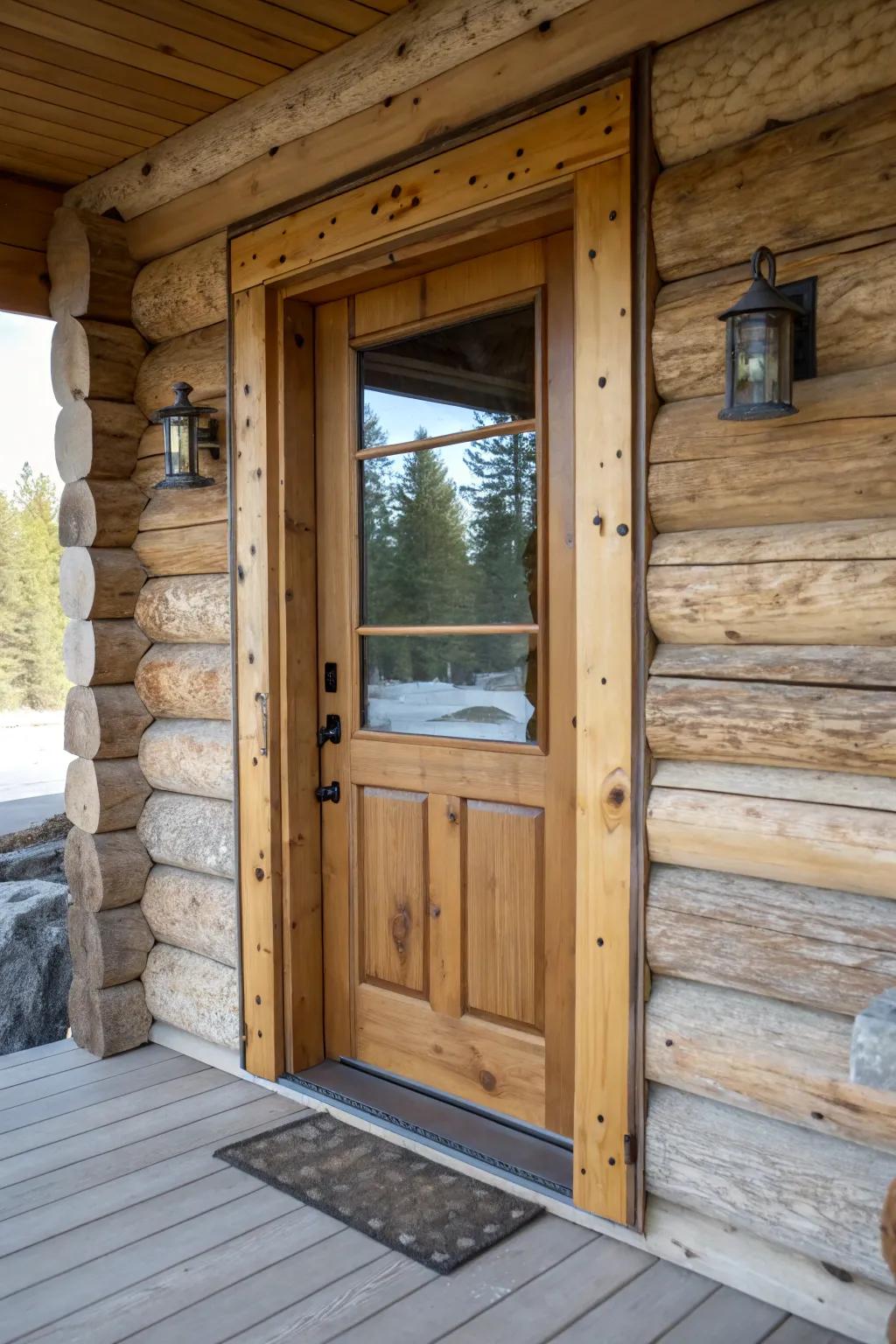 A log cabin doorway featuring a blend of lumber and glass.