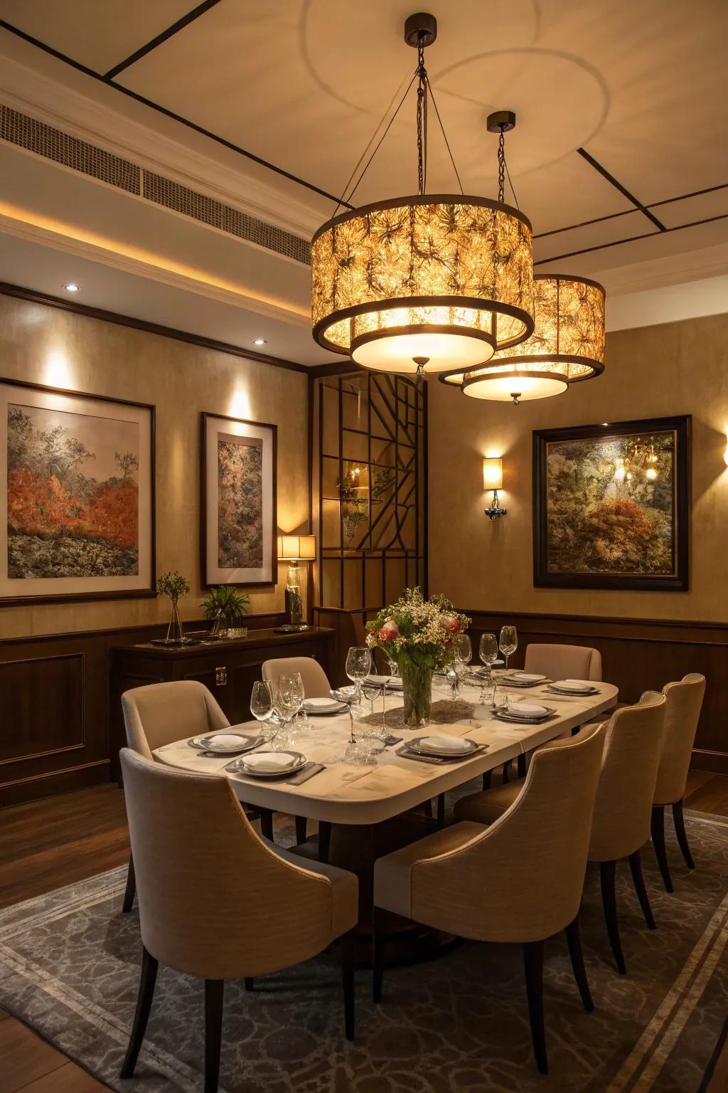 Dimmable lights providing versatility in a dining space.