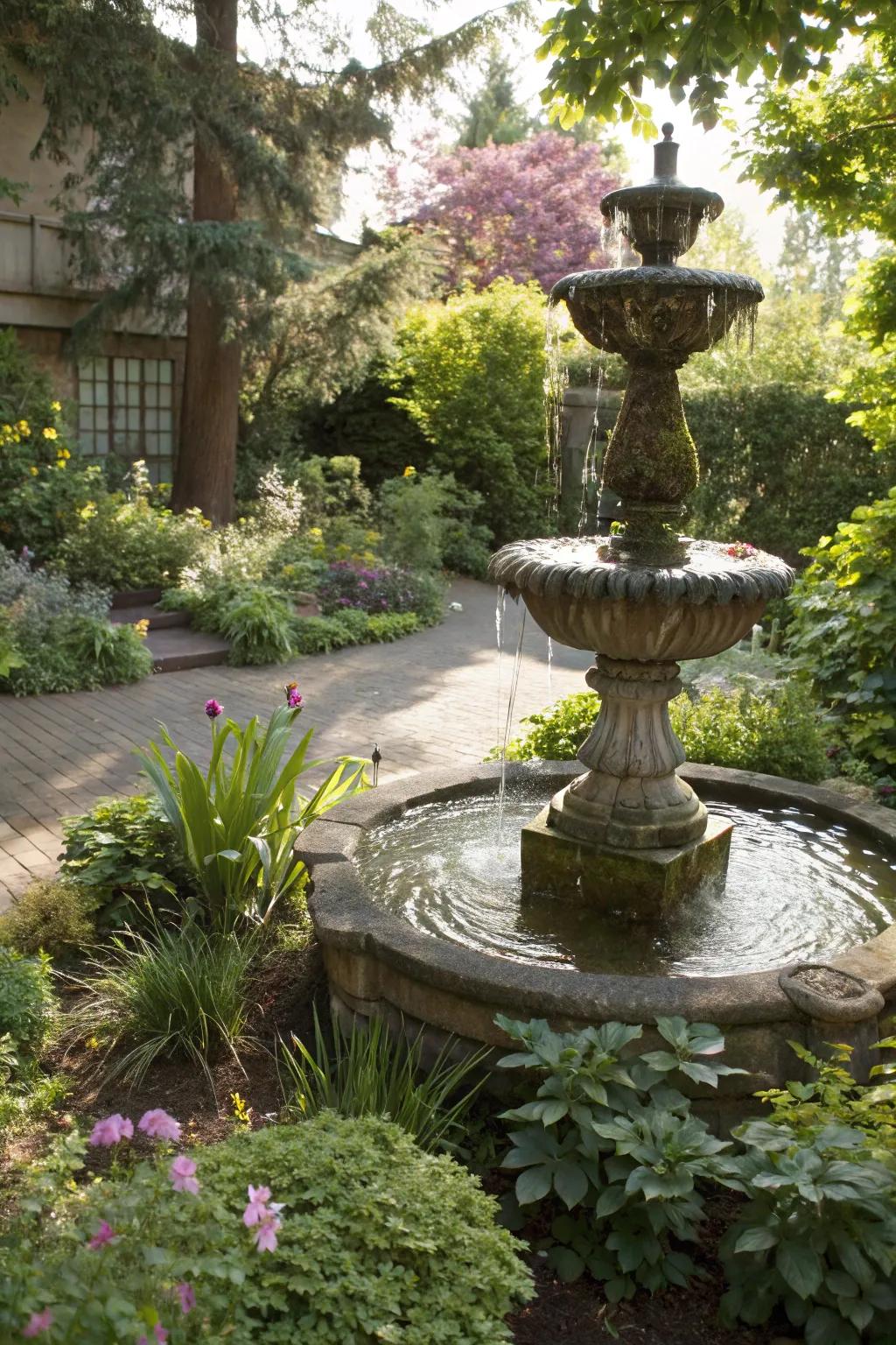 A water feature adds a soothing touch to a low-maintenance garden.