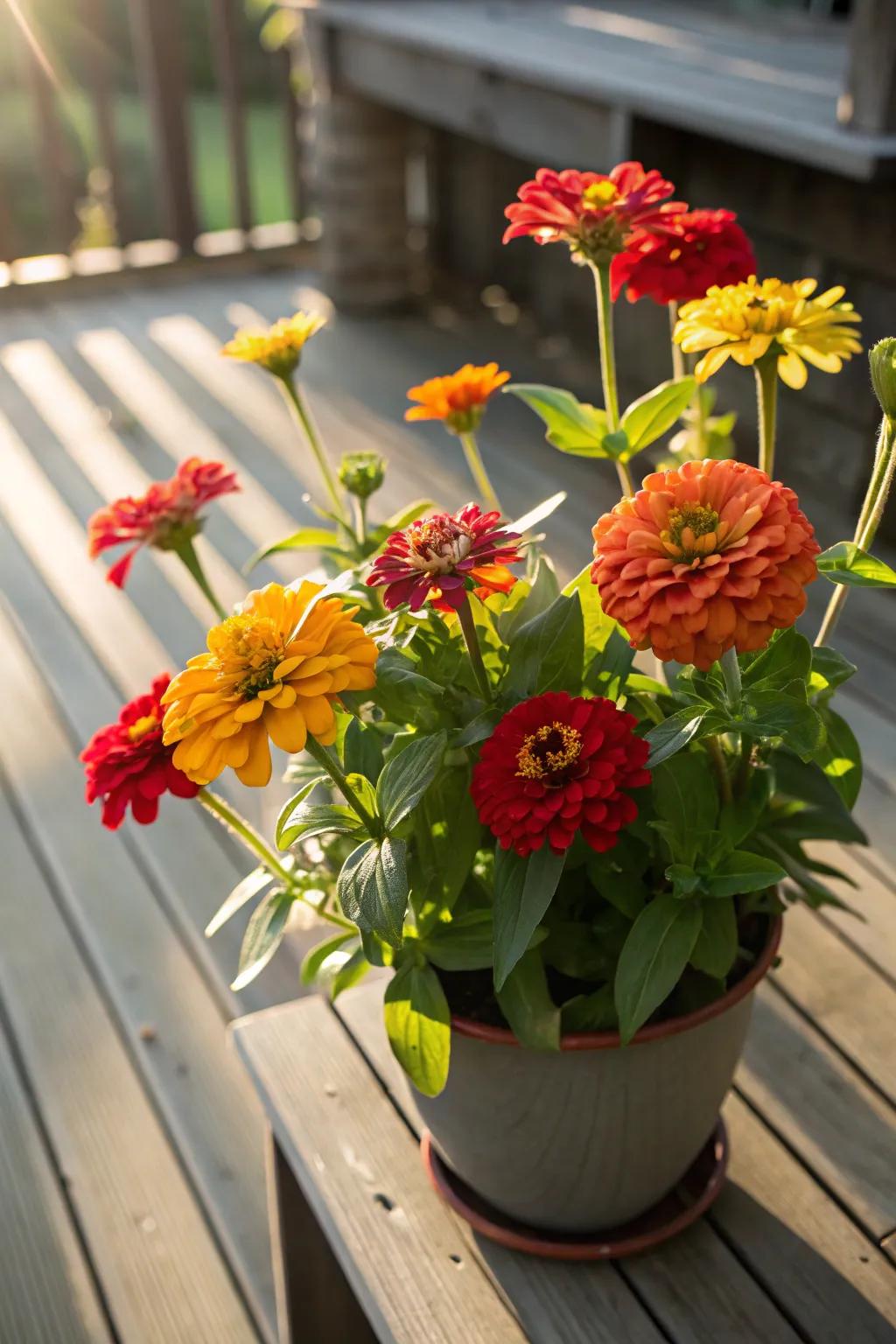 Zinnias contributing joyful blossoms in full sunlight.