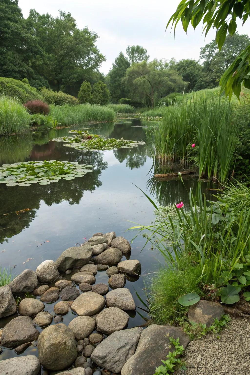 Frame your water features with river stones for added charm.