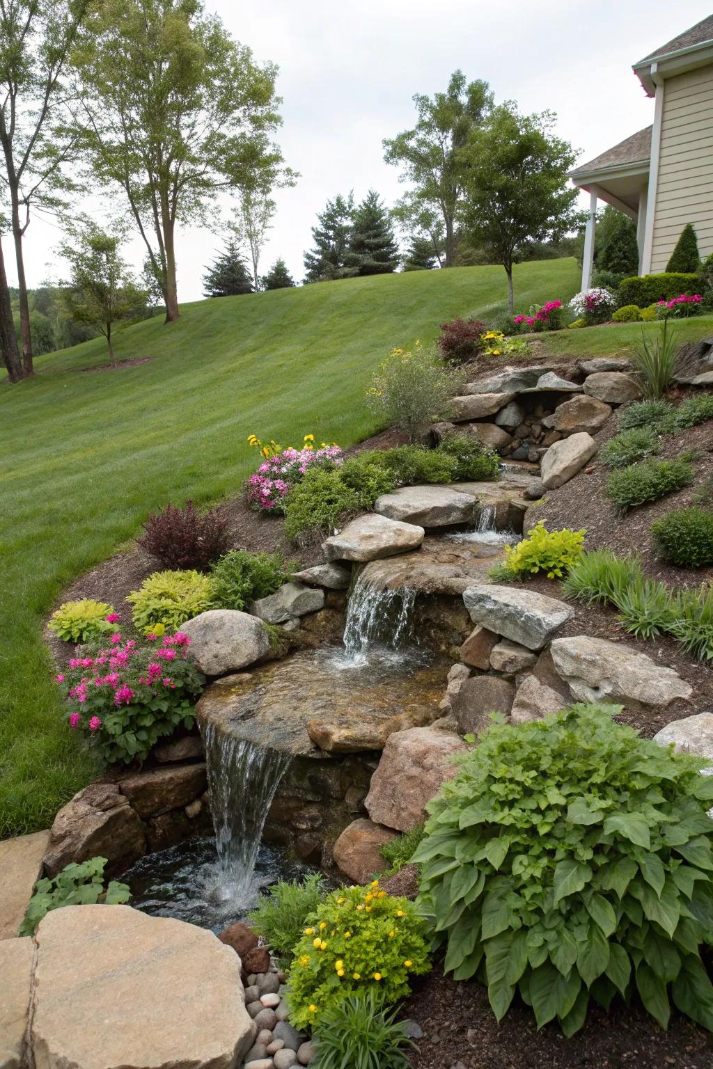 Aqua attributes inject tranquility and allure into sloping landscapes.