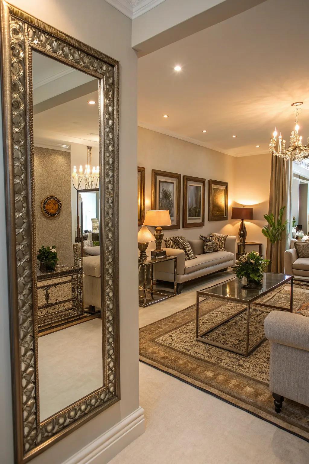 Metal trim mirrors add luxury and depth to this living space.