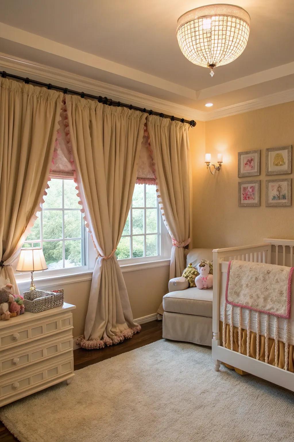 A nursery with fancy window curtains featuring blackout curtains and ornate tiebacks.