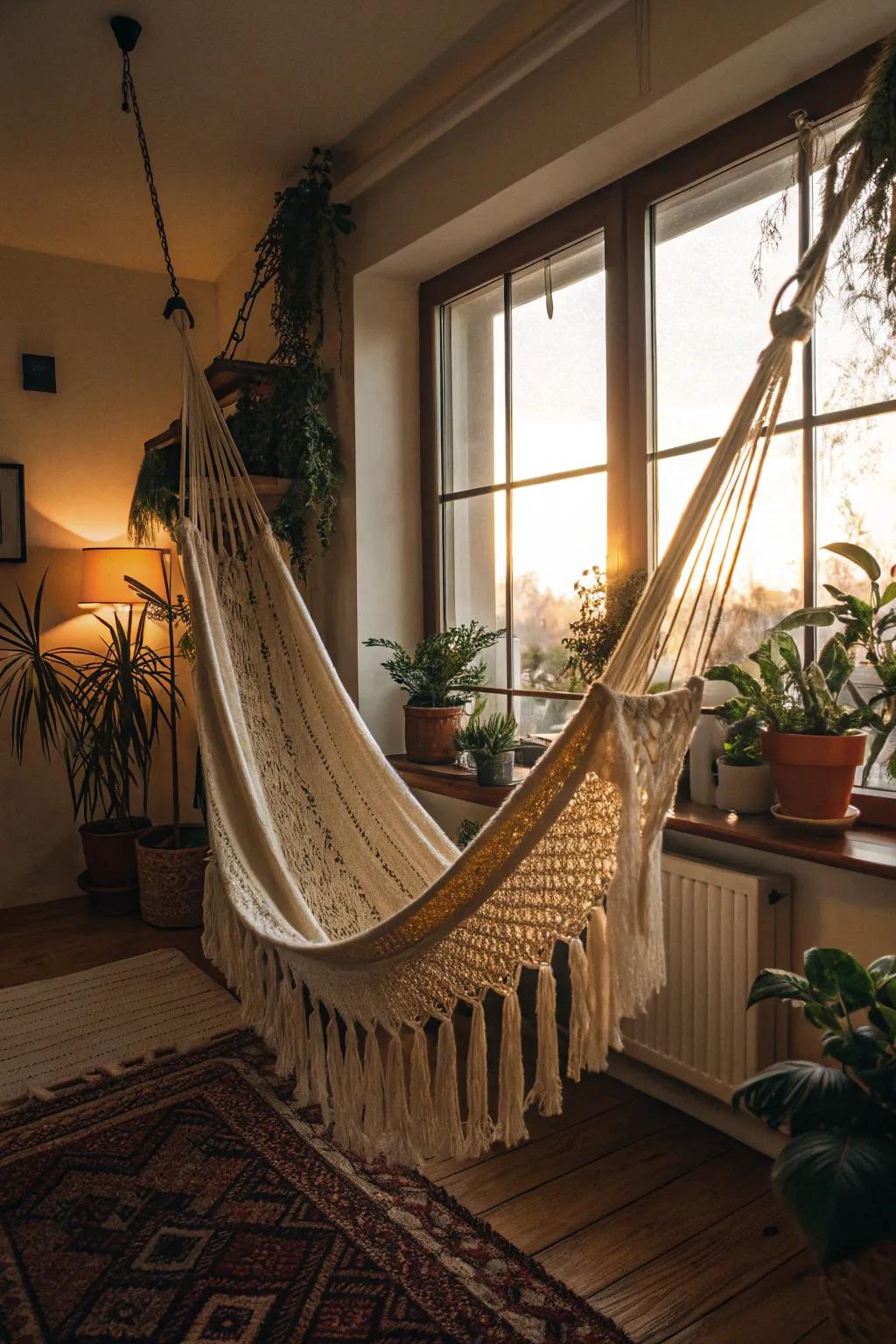 A woven hammock delivers a serene escape.