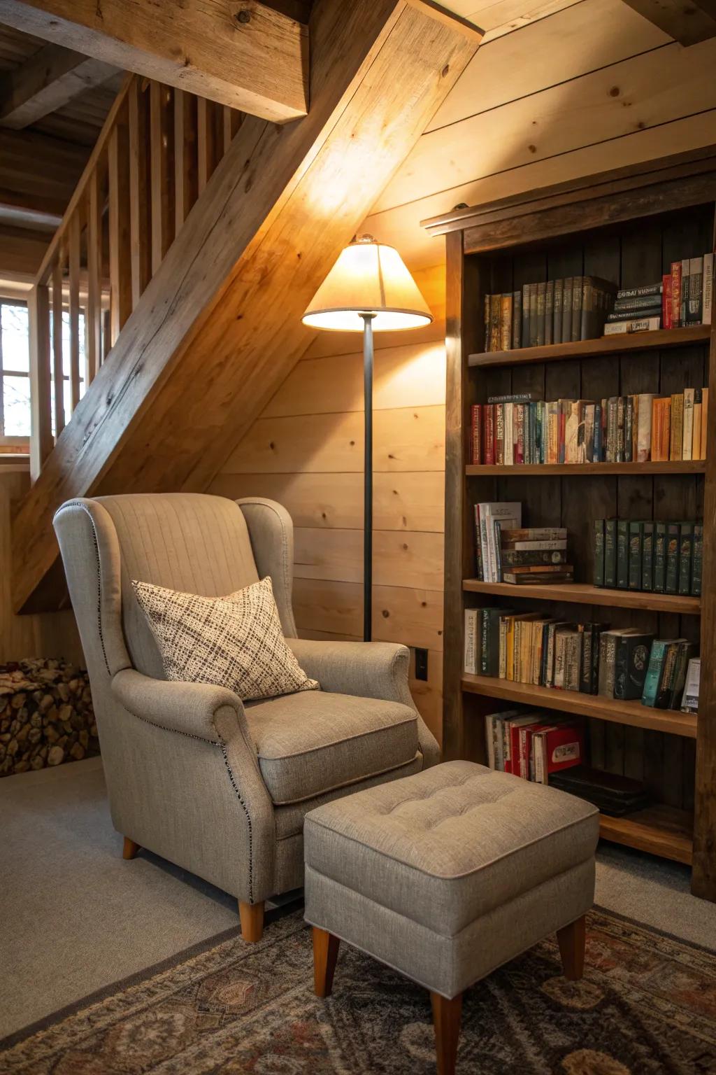A snug alcove designated for reading delivers a tranquil refuge inside this man cave.
