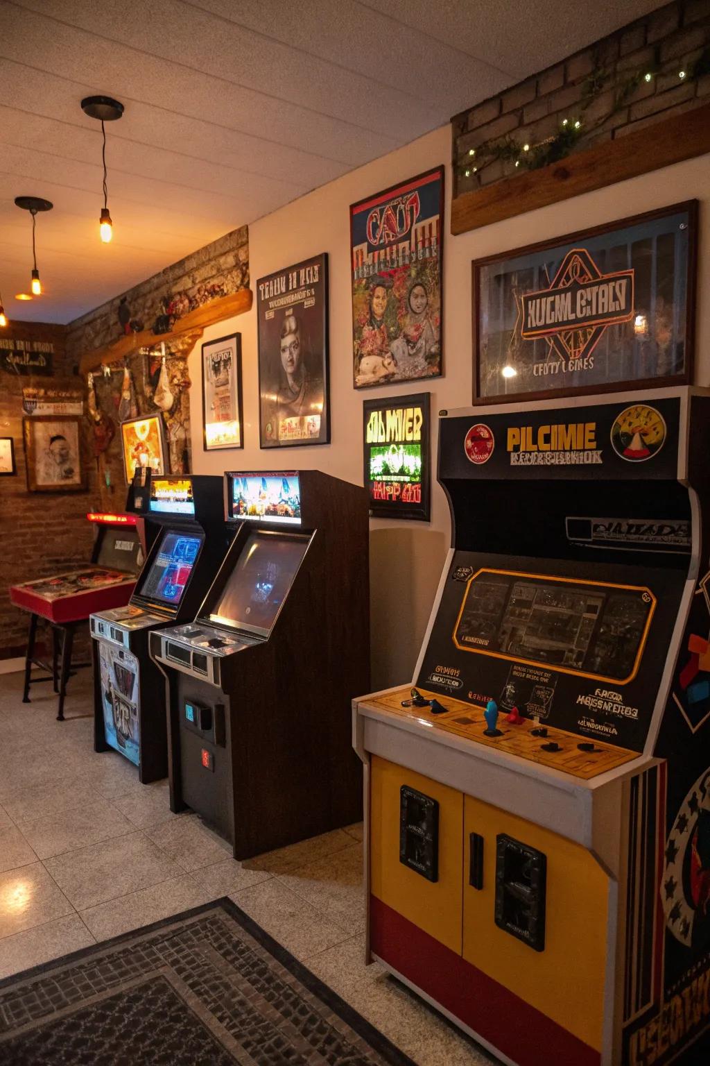 Vintage arcade games injecting nostalgia into a man cave.