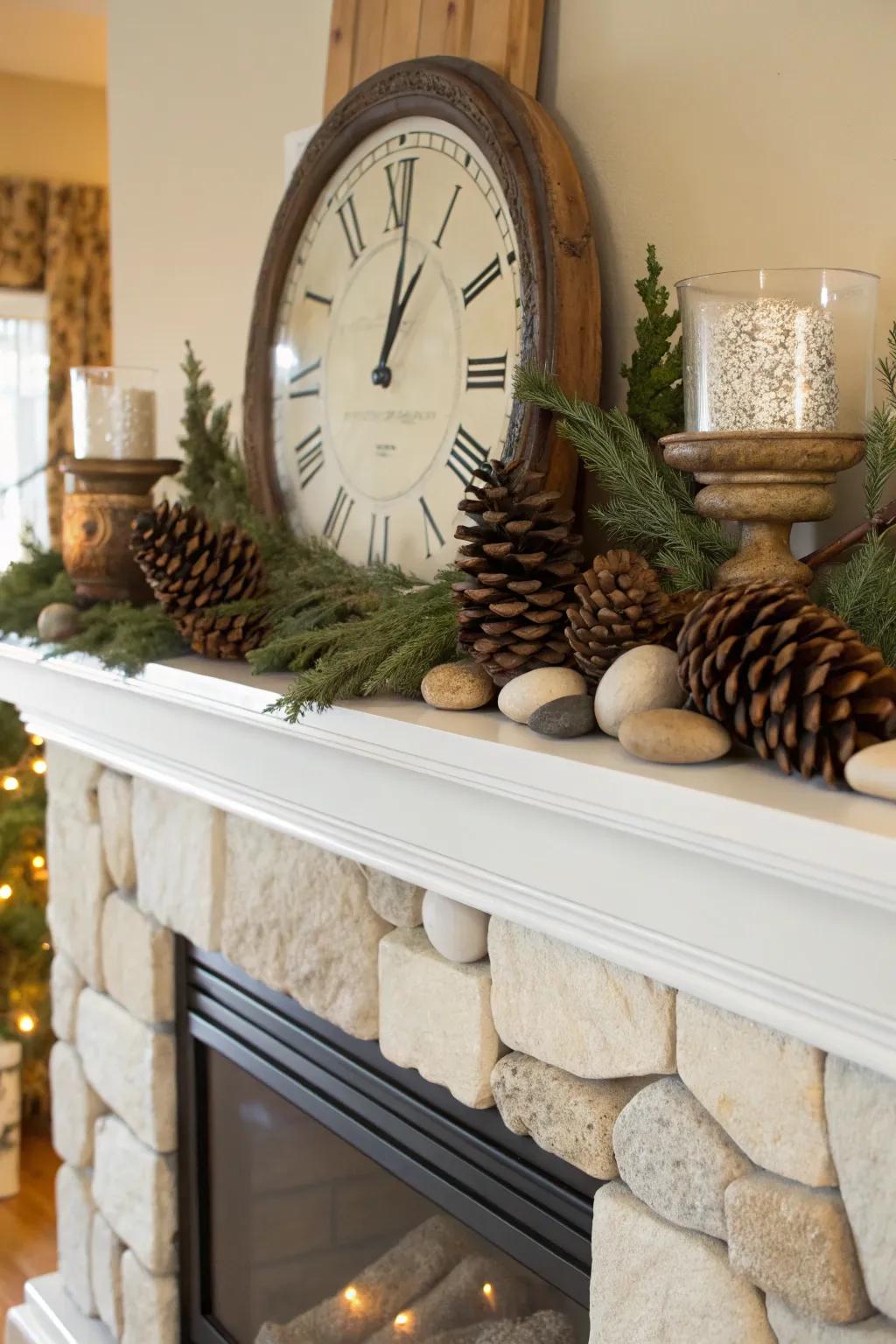 A nature-inspired mantel featuring a clock and earthy elements.