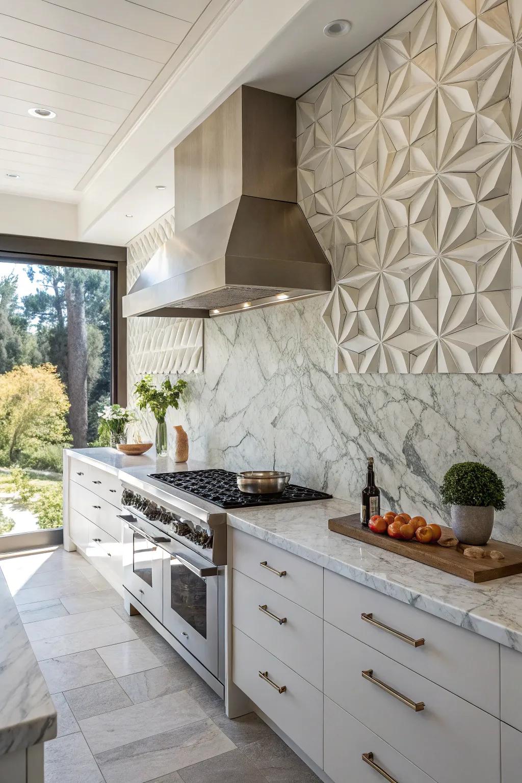 A gallery-like kitchen with a carved marble square backsplash.