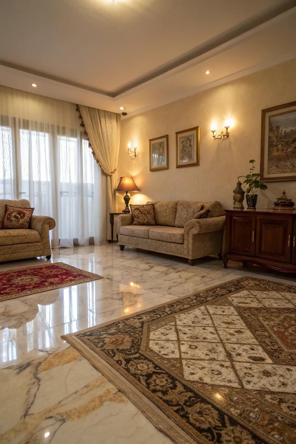 Area rugs add warmth and comfort to stone floors.