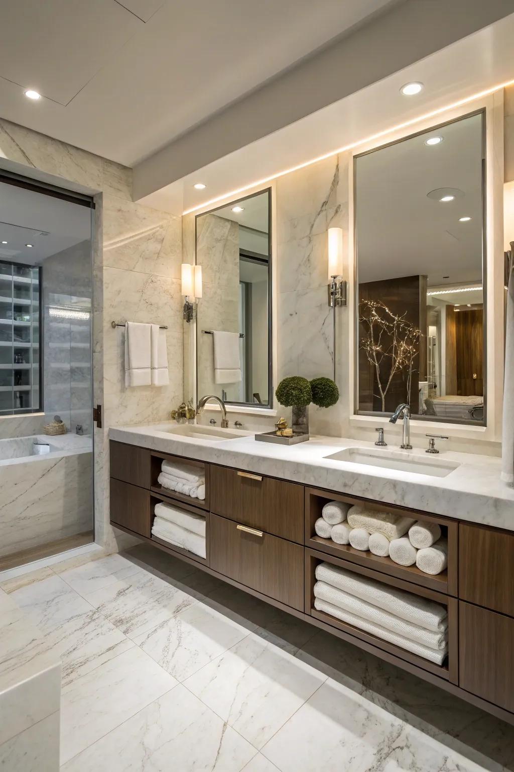 The hanging vanity integrates a contemporary element, enhancing the roomy sensation of this bathing area.