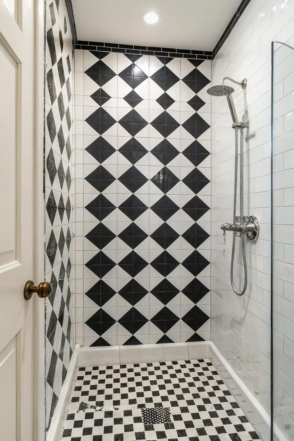 A shower showcasing classic checkerboard patterned tiling for a playful, vibrant style.