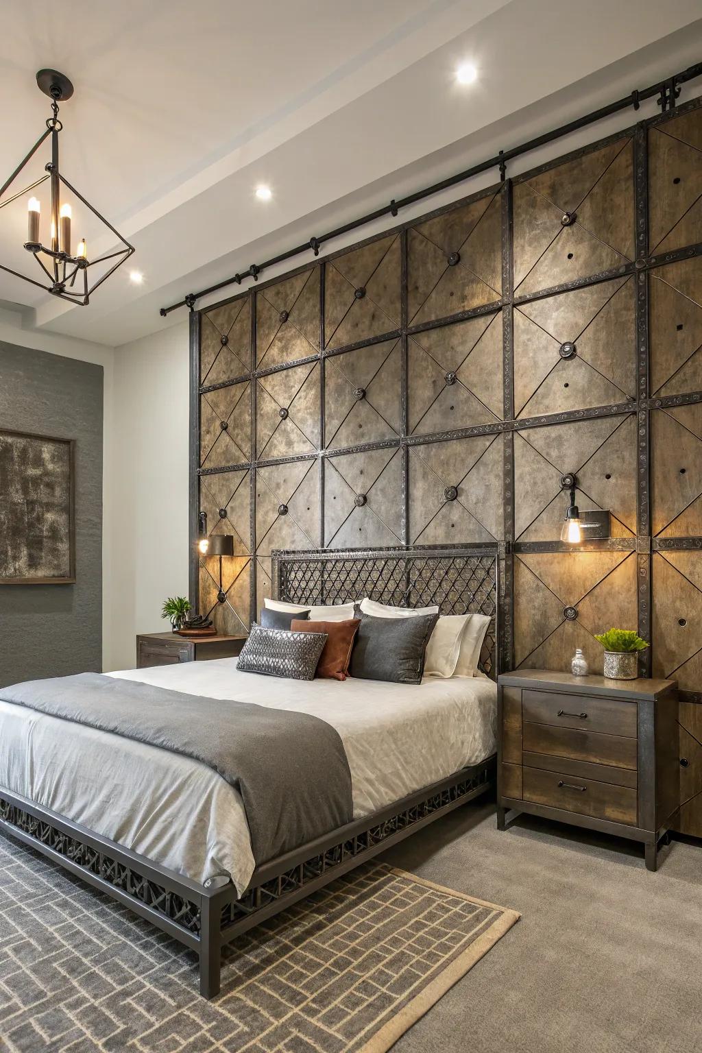 Industrial chic components introduce an edgy vibe to your headboard arrangement.