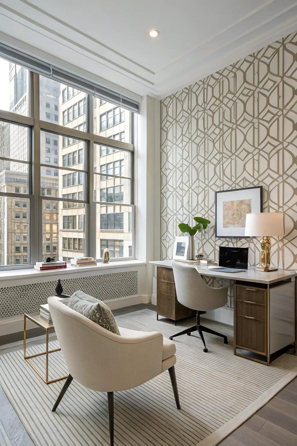 Geometric design wallpaper adds drama to a sophisticated office.