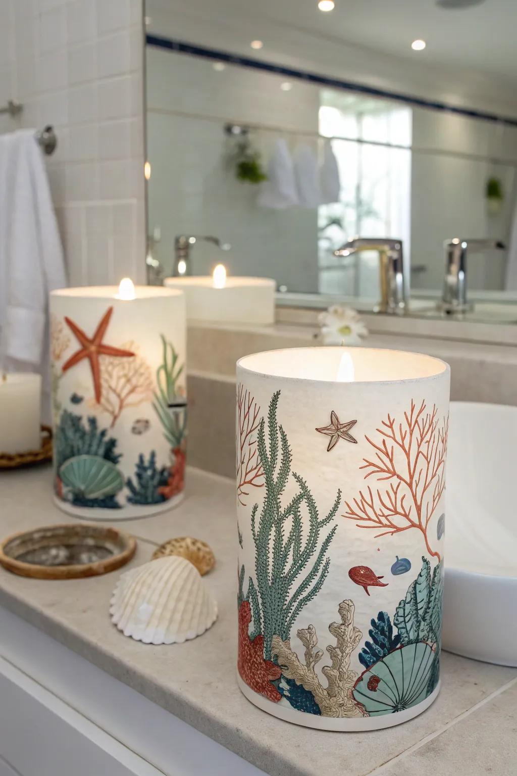 Under-the-sea candle platforms furnish a calming glow to the space.