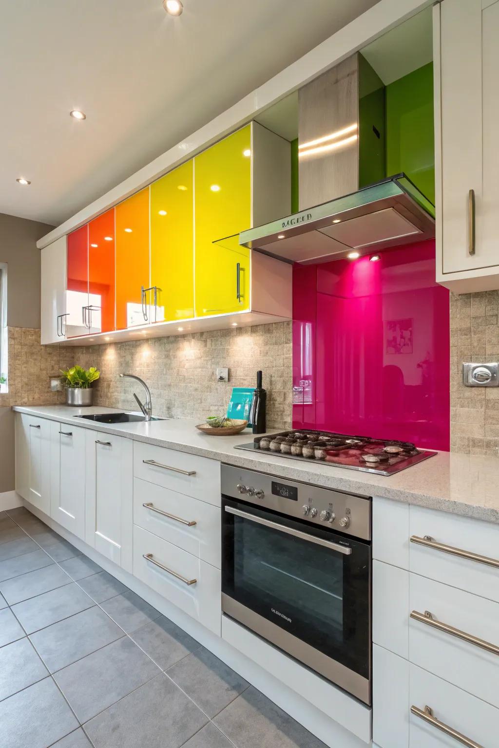 A kitchen featuring vibrant colored metallic boards.
