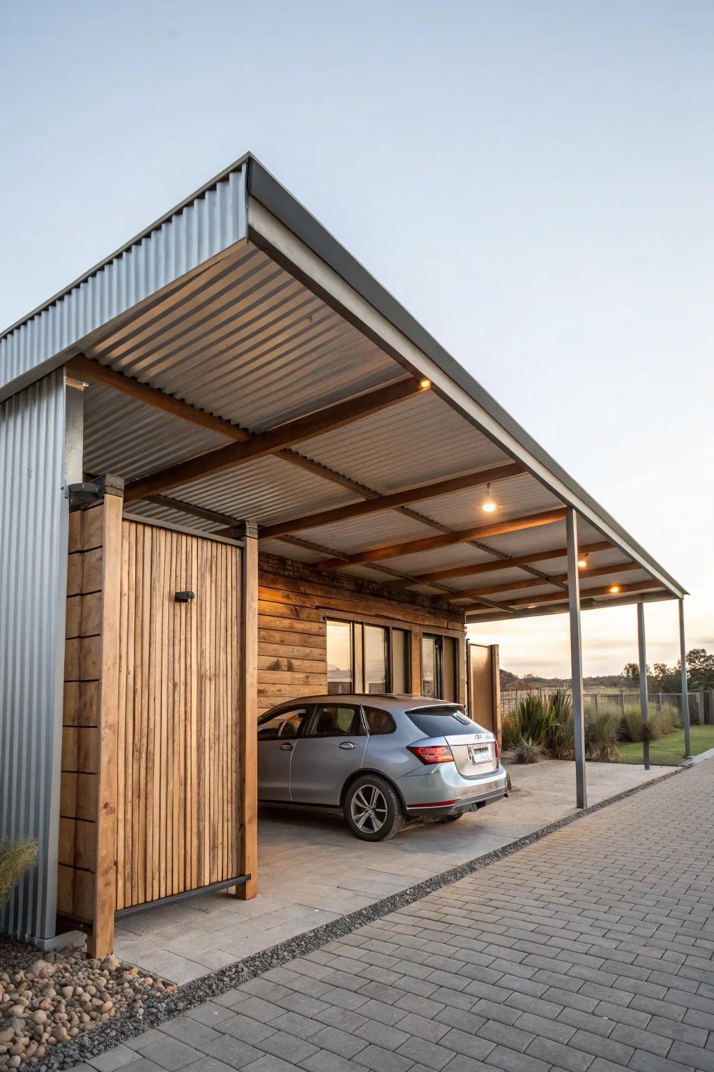 A rustic-modern carport offers a harmonious blend of textures and styles.