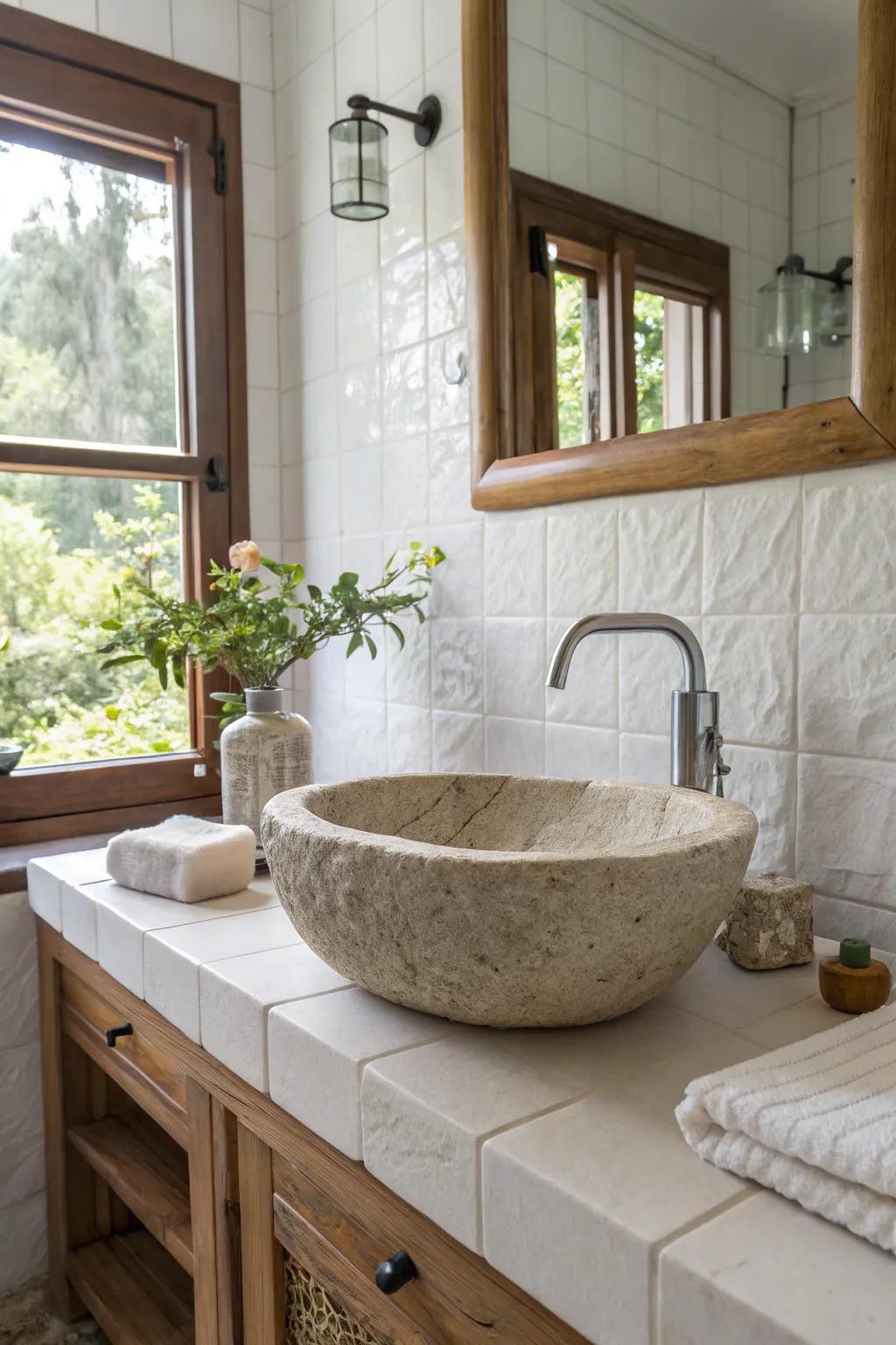 A stone sink contributes natural genuineness.