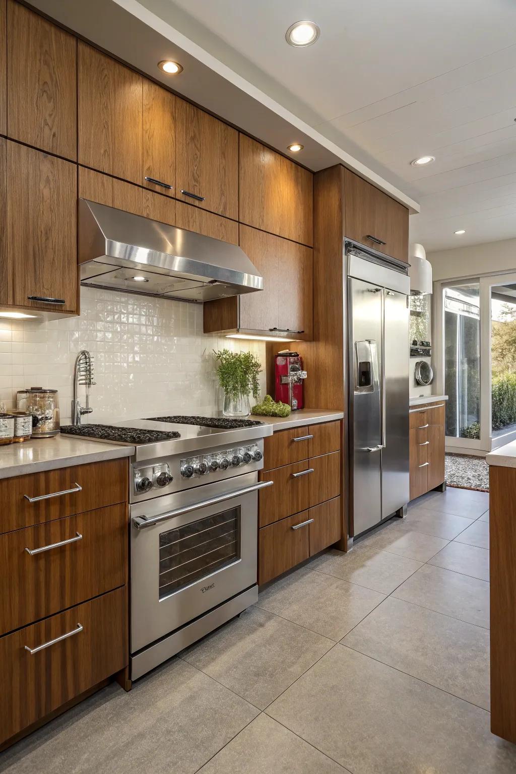 This mid-century kitchen is given a modern feel by the stainless steel features.