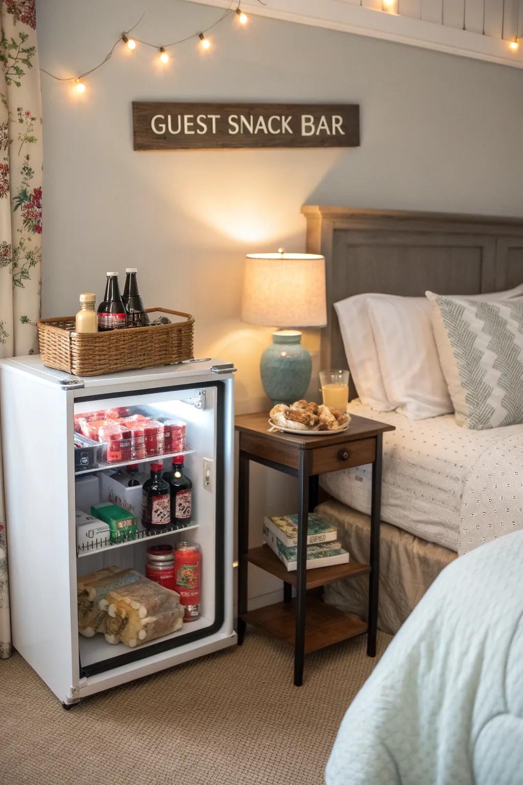 A small refrigerator serving as a welcoming snack bar for guests in a bedroom.