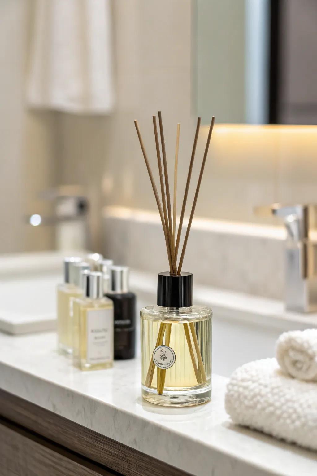 A frond emitting device imparts fragrance and style to the bathroom.