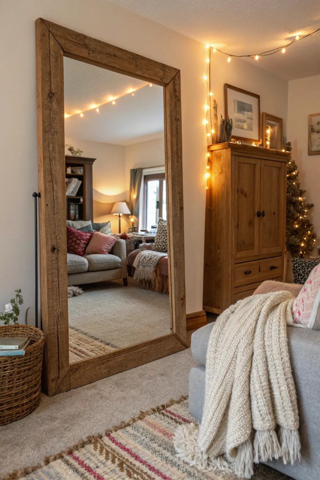 Wood-framed mirrors contribute warmth and a sense of comfort.