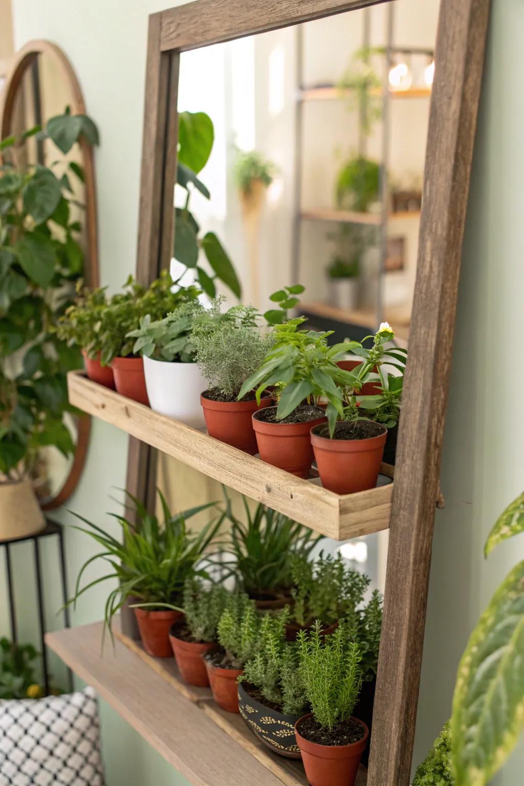 A creative mirror that has a plant shelf for a touch of nature indoors.