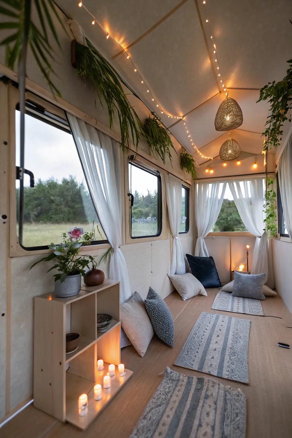 A tranquil quiet zone featuring cushions and calming decor, ideal for moments of mindfulness.