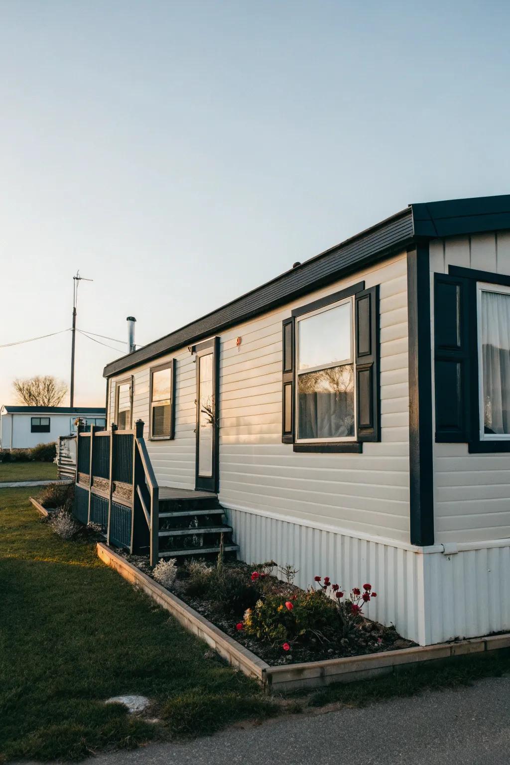 Dark glazing trim creating a striking contrast on a mobile home.