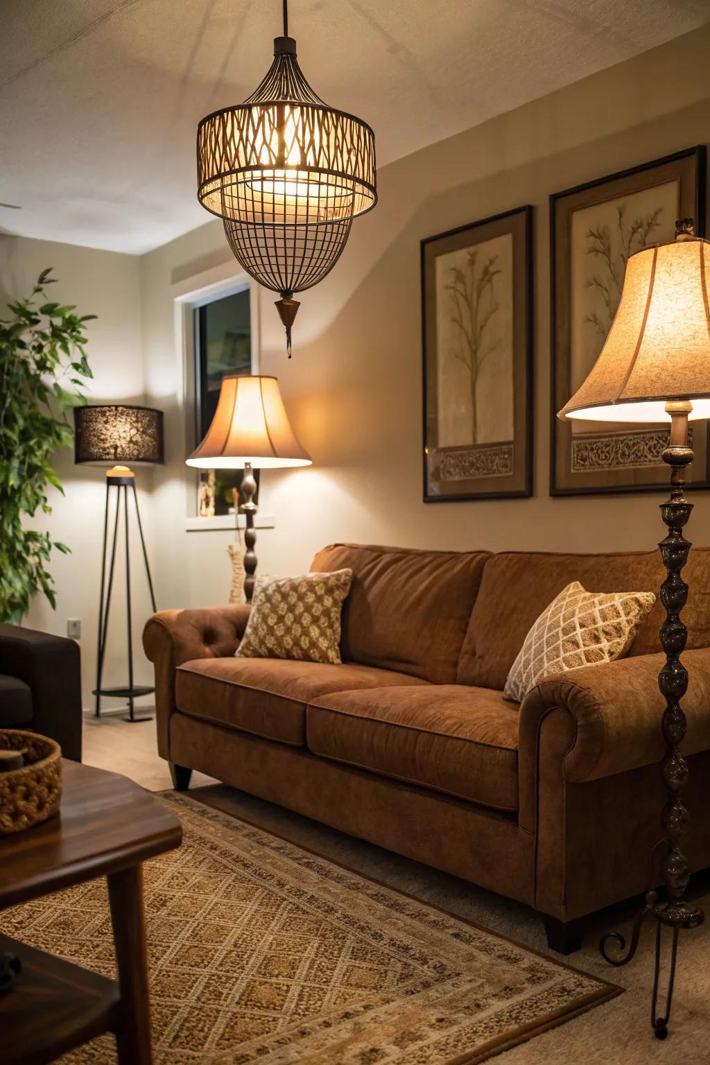 Layered illumination contributes adaptability and mood-setting possibilities near the chocolate-brown sofa.