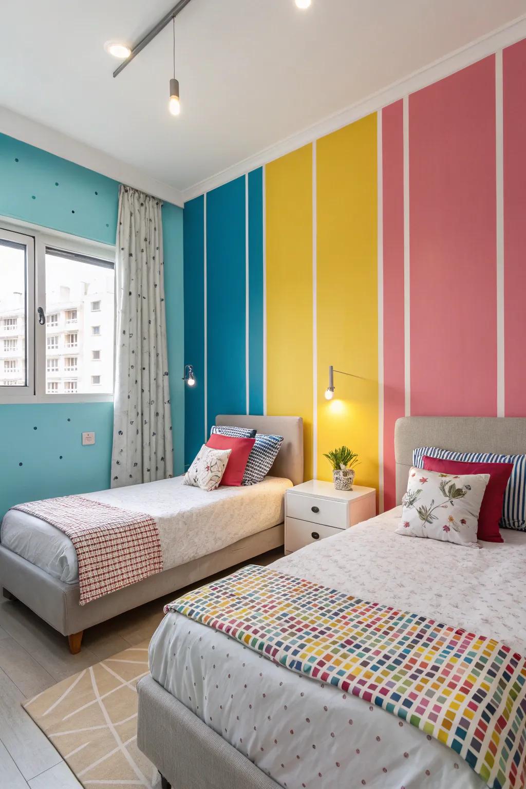 Color-blocked panels provide a vibrant, lively ambiance.