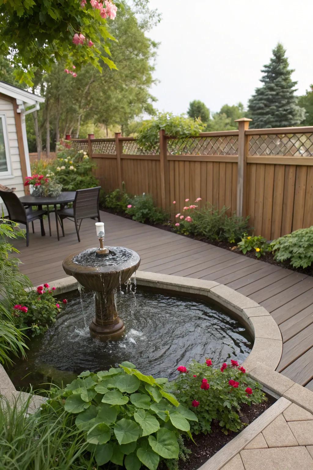 A deck elevated thanks to a water feature for a dash of tranquility.