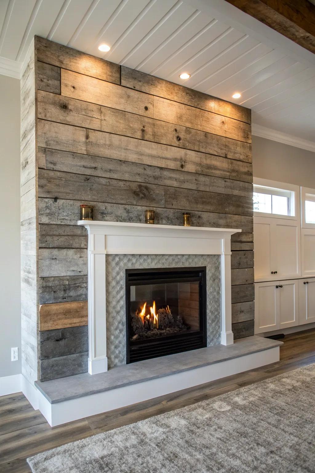 Recovered wood adds texture and warmth to the fireplace area.