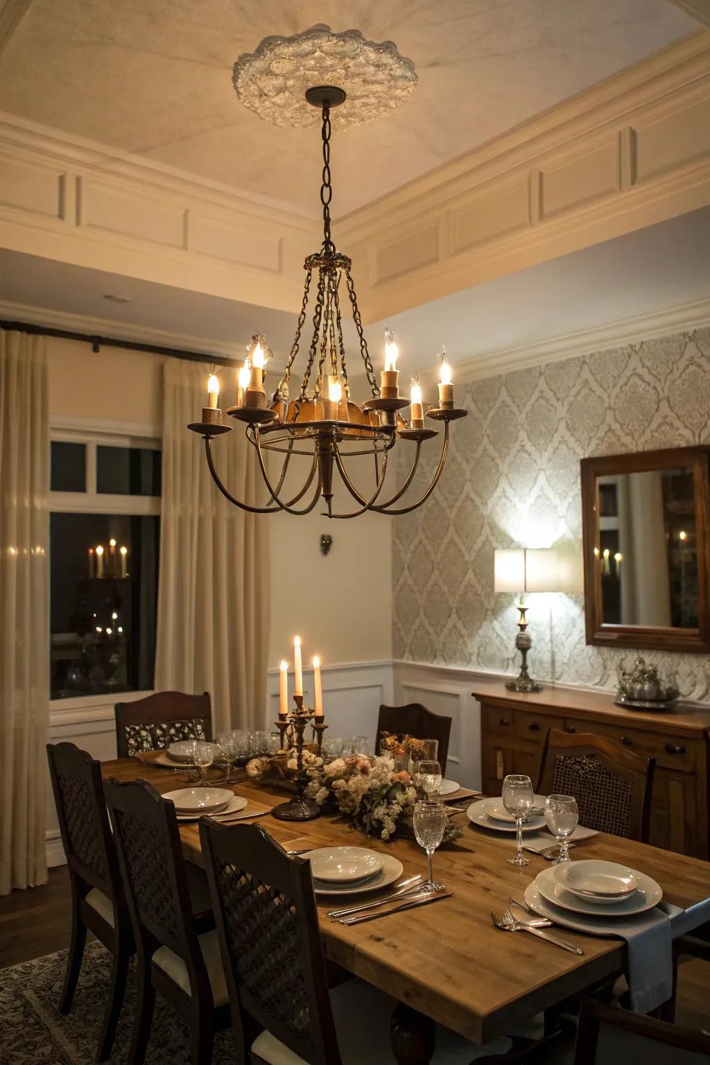 Light-style chandeliers bring a traditional touch.