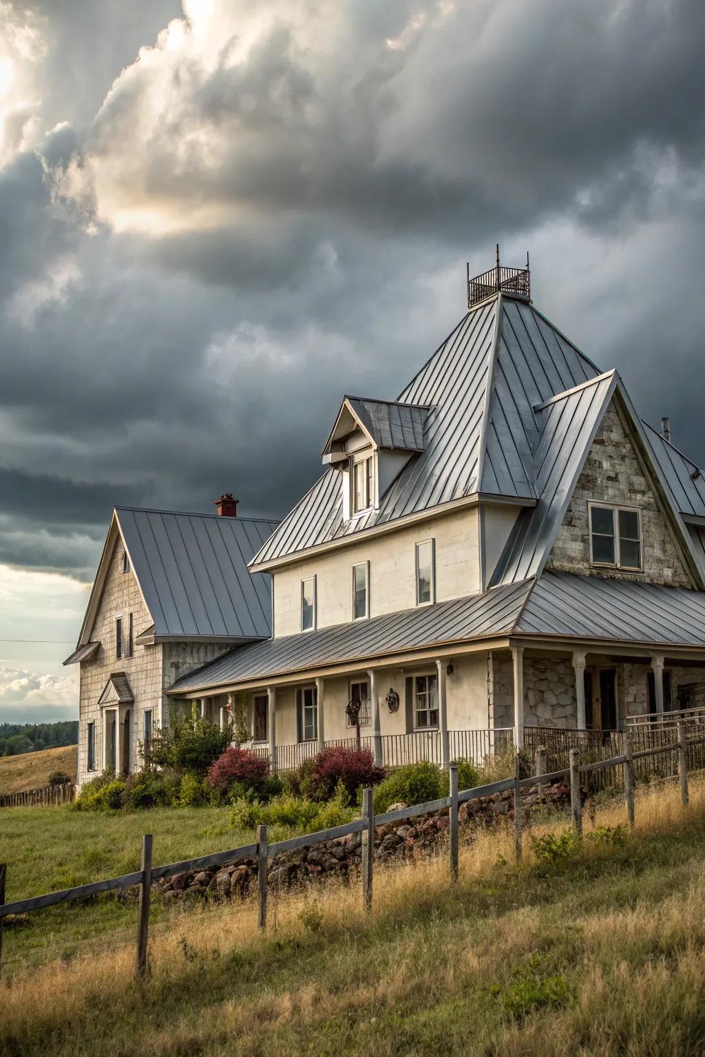 Architectural drama: A farmhouse with inclined metal roofs.
