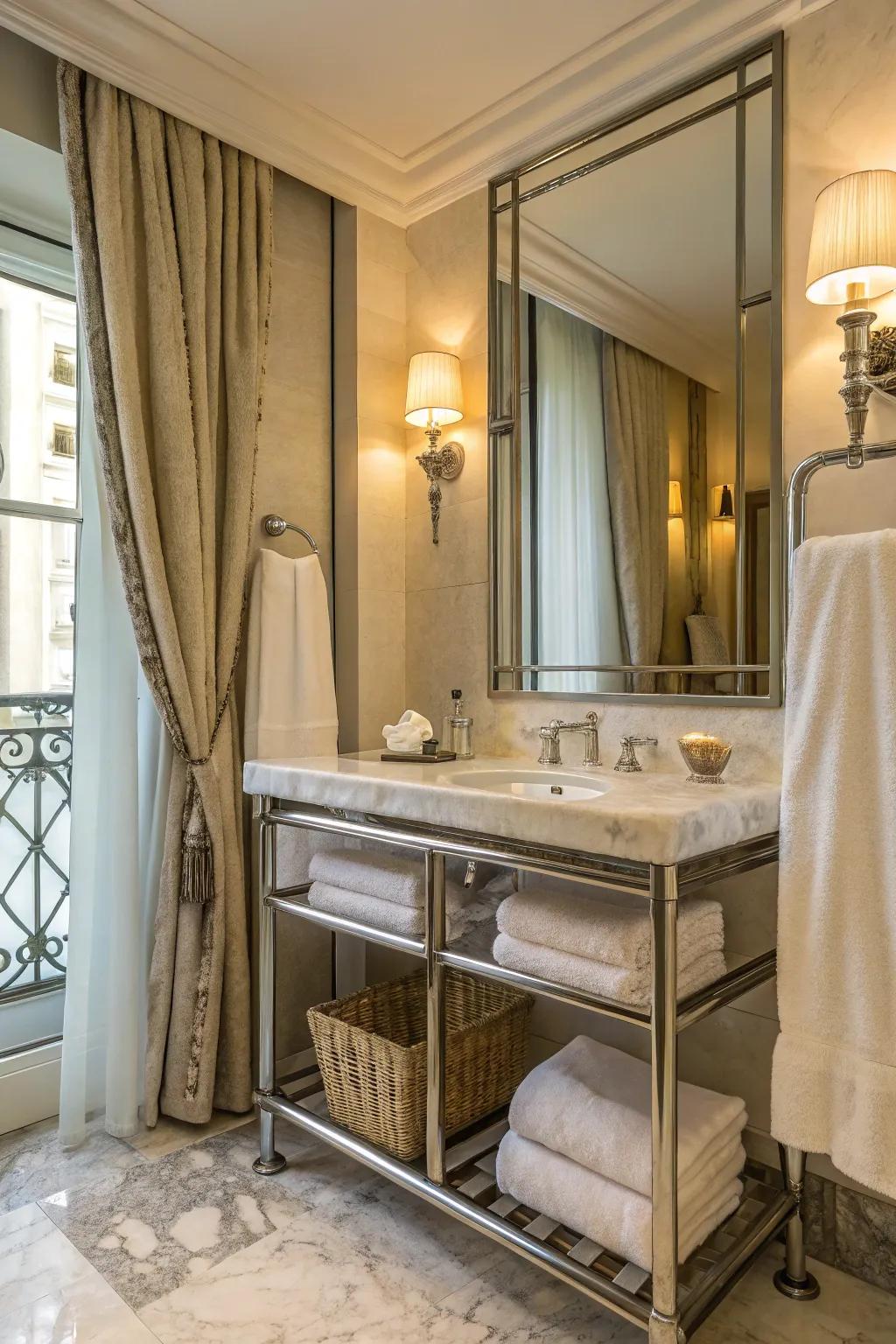 Cotton towels and linen curtains within a washroom.
