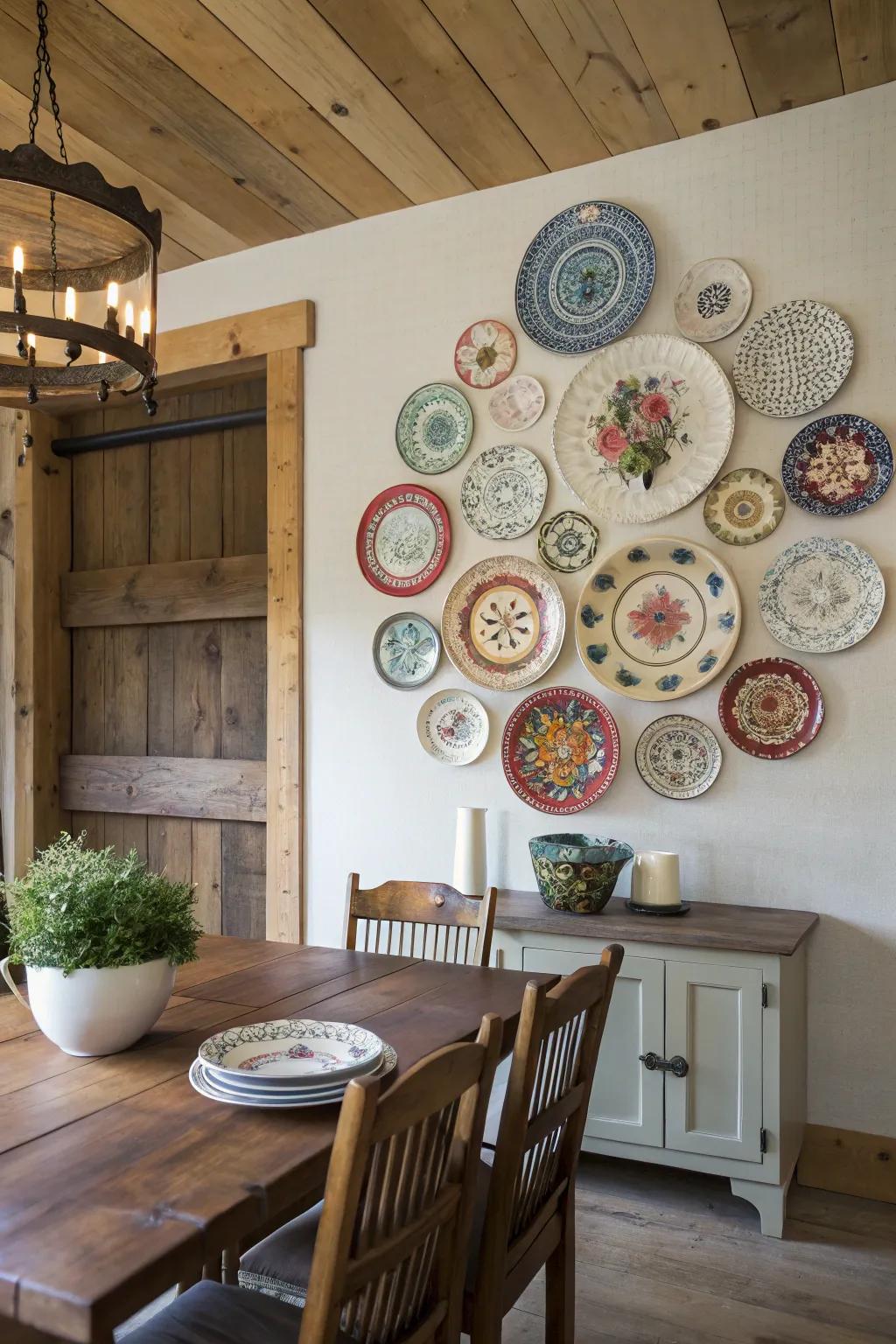 Vintage ornamental plates adding charm to a dining area.