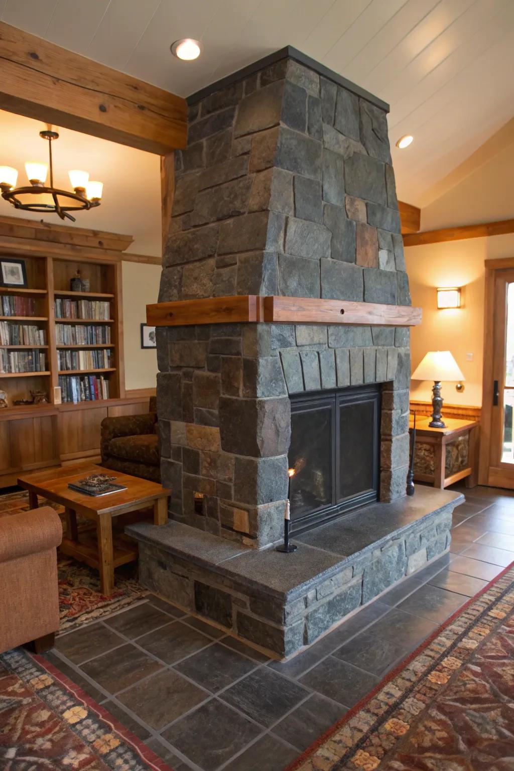 Natural charm of a schist piece fireplace.