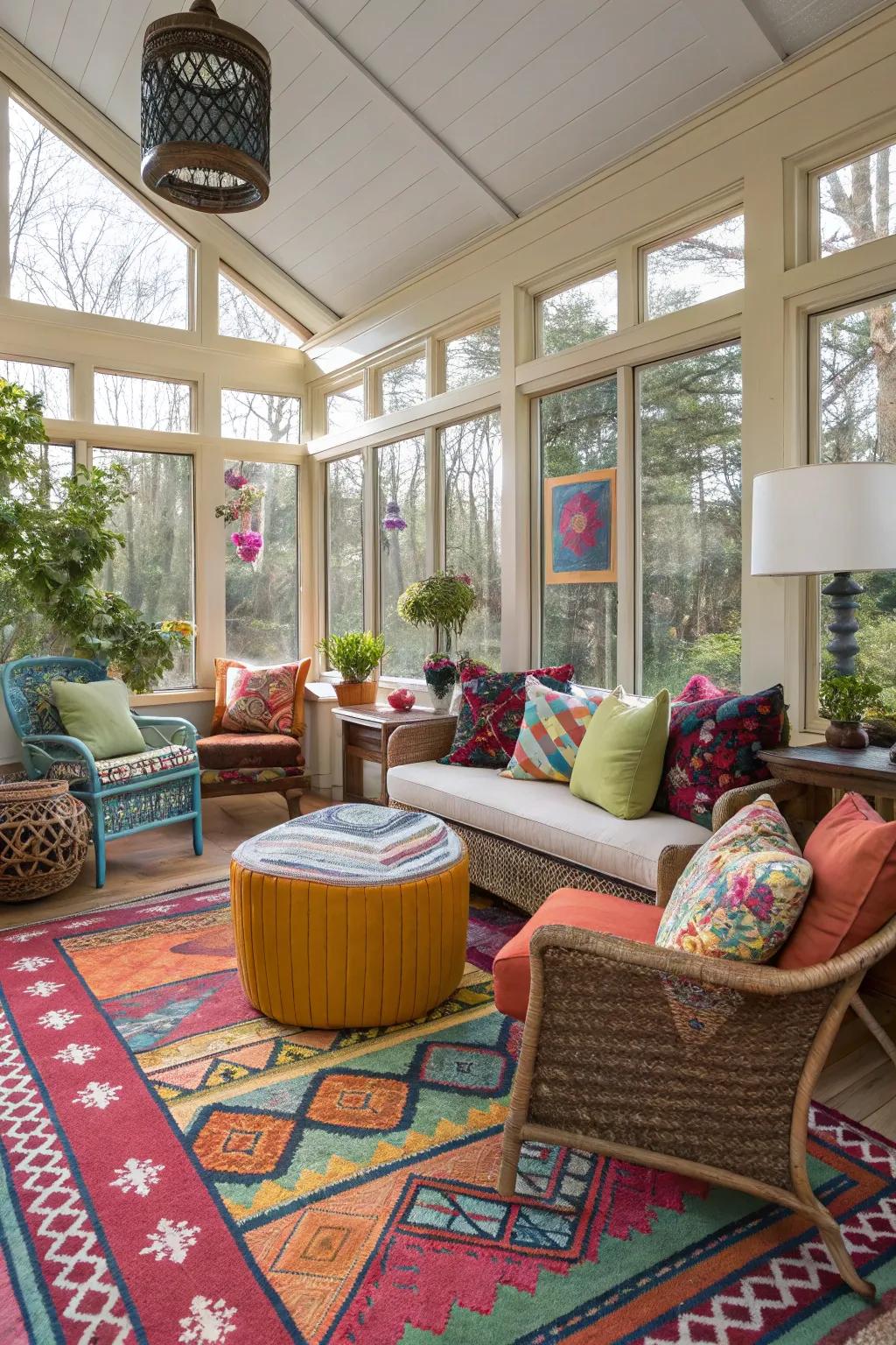 An eclectic mix of styles creates a personalized and vibrant sunroom.