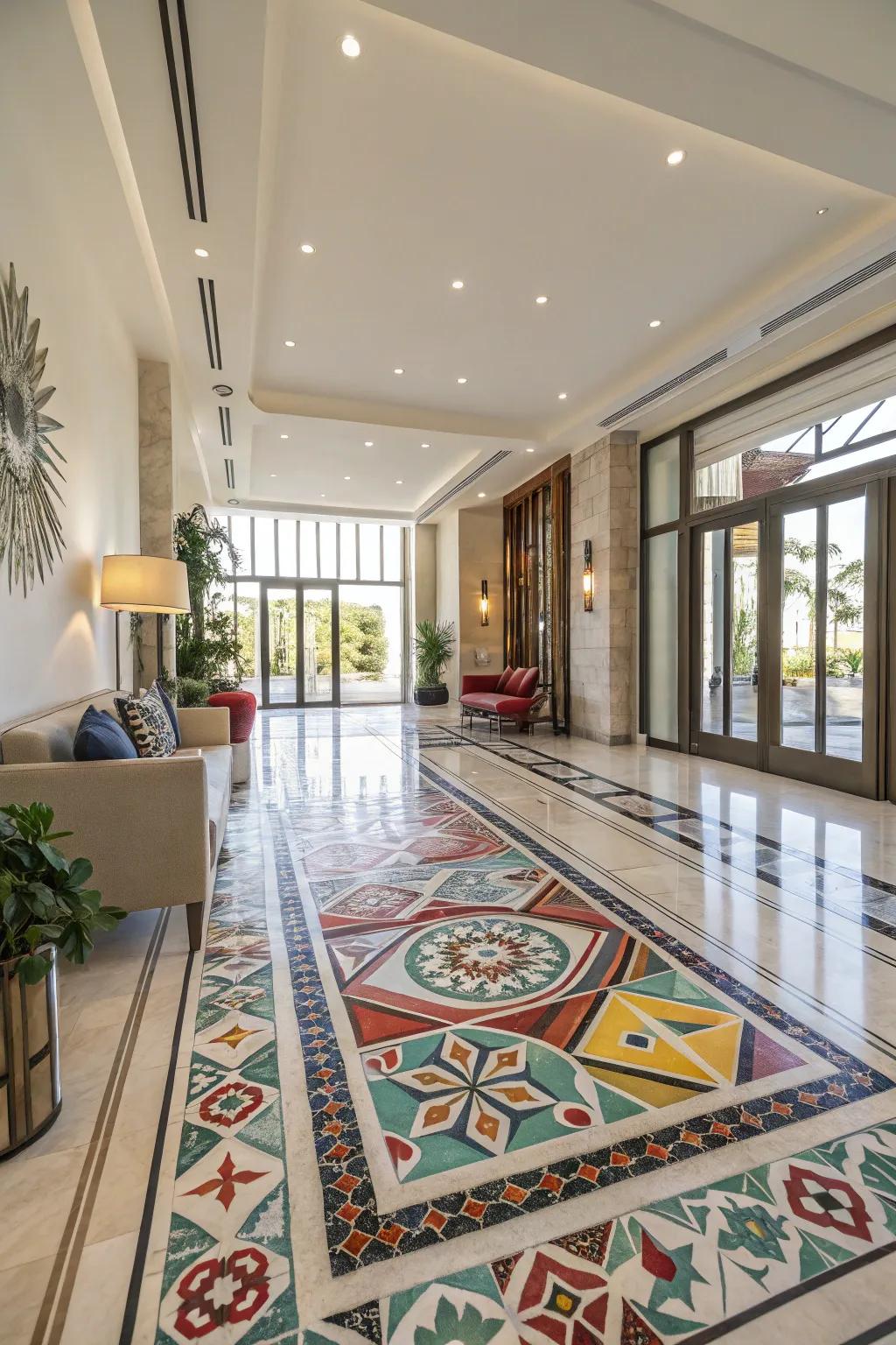 Statement flooring creates a bold impact in this contemporary entrance hall.