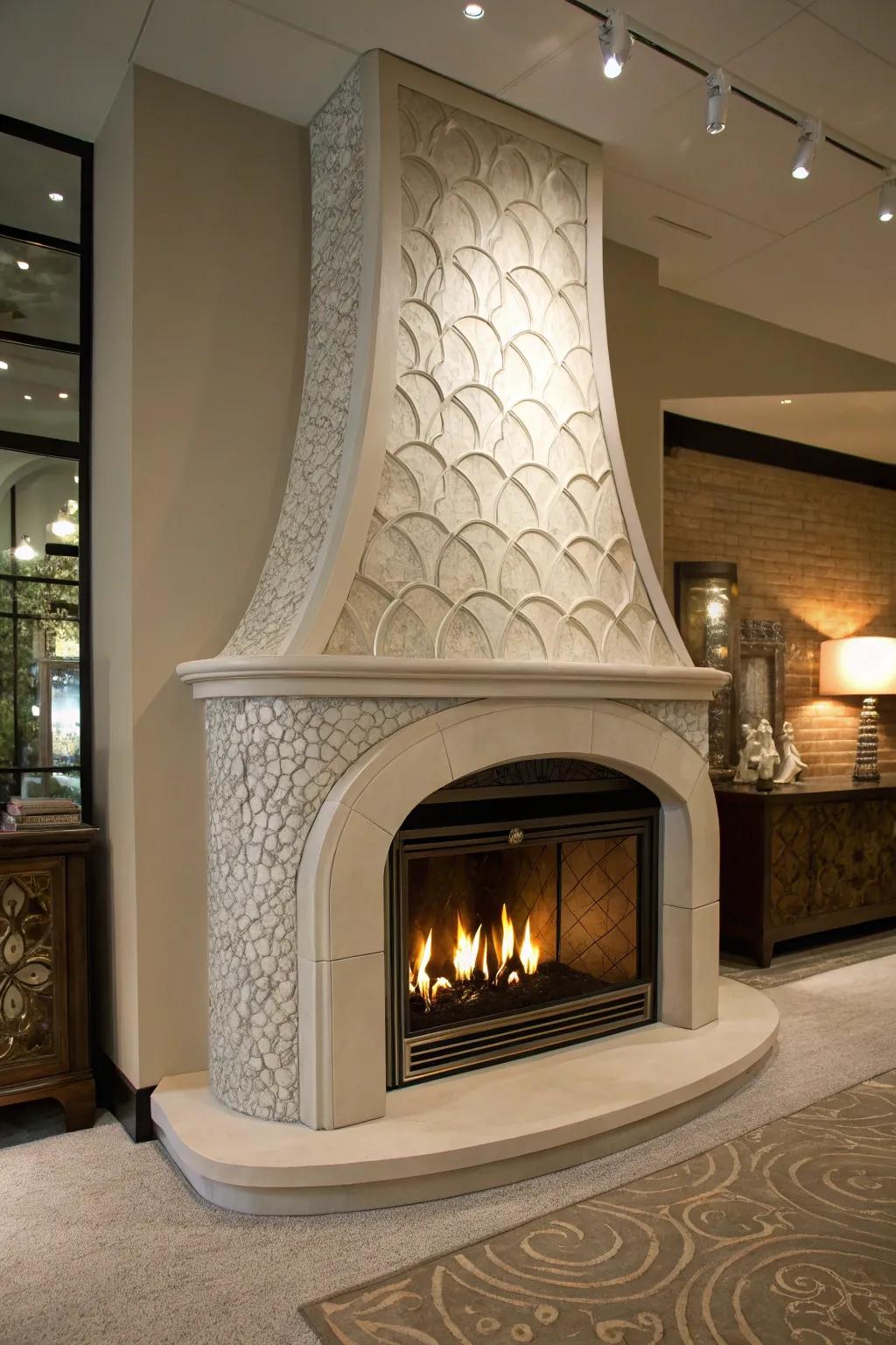 A gas fireplace inspired by art adding flair to the space.
