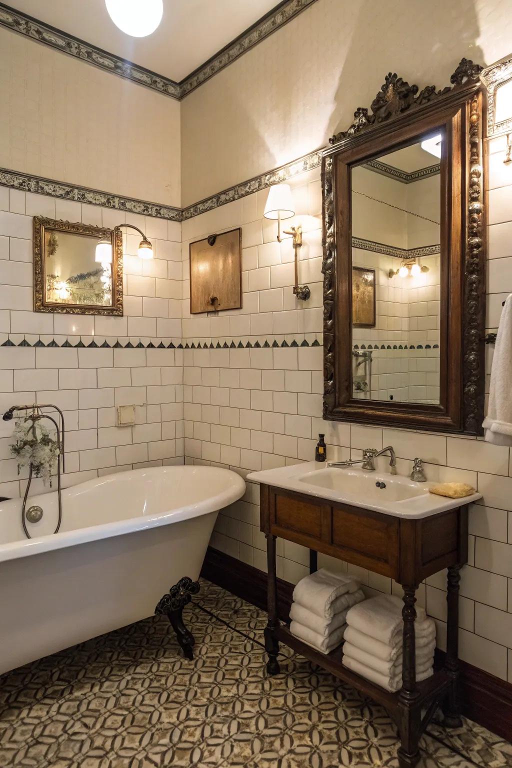 A bathroom integrating timeworn components such as an antique reflector and retro fixtures.