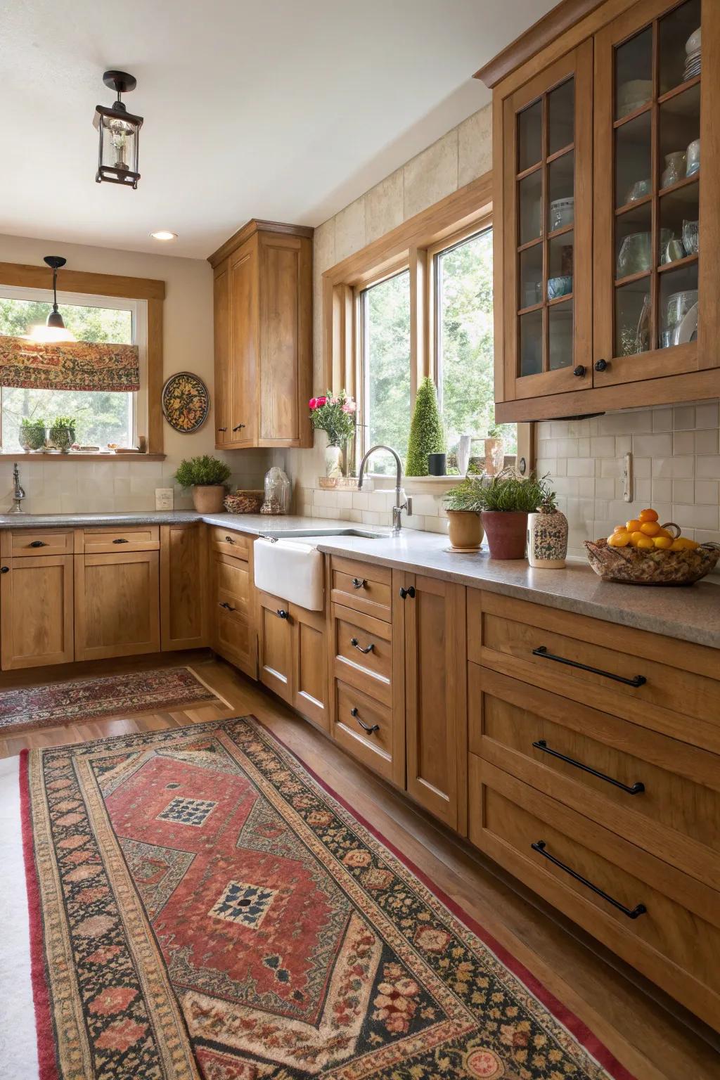 An eclectic rug adds charm and warmth to kitchens with golden-toned cabinetry.