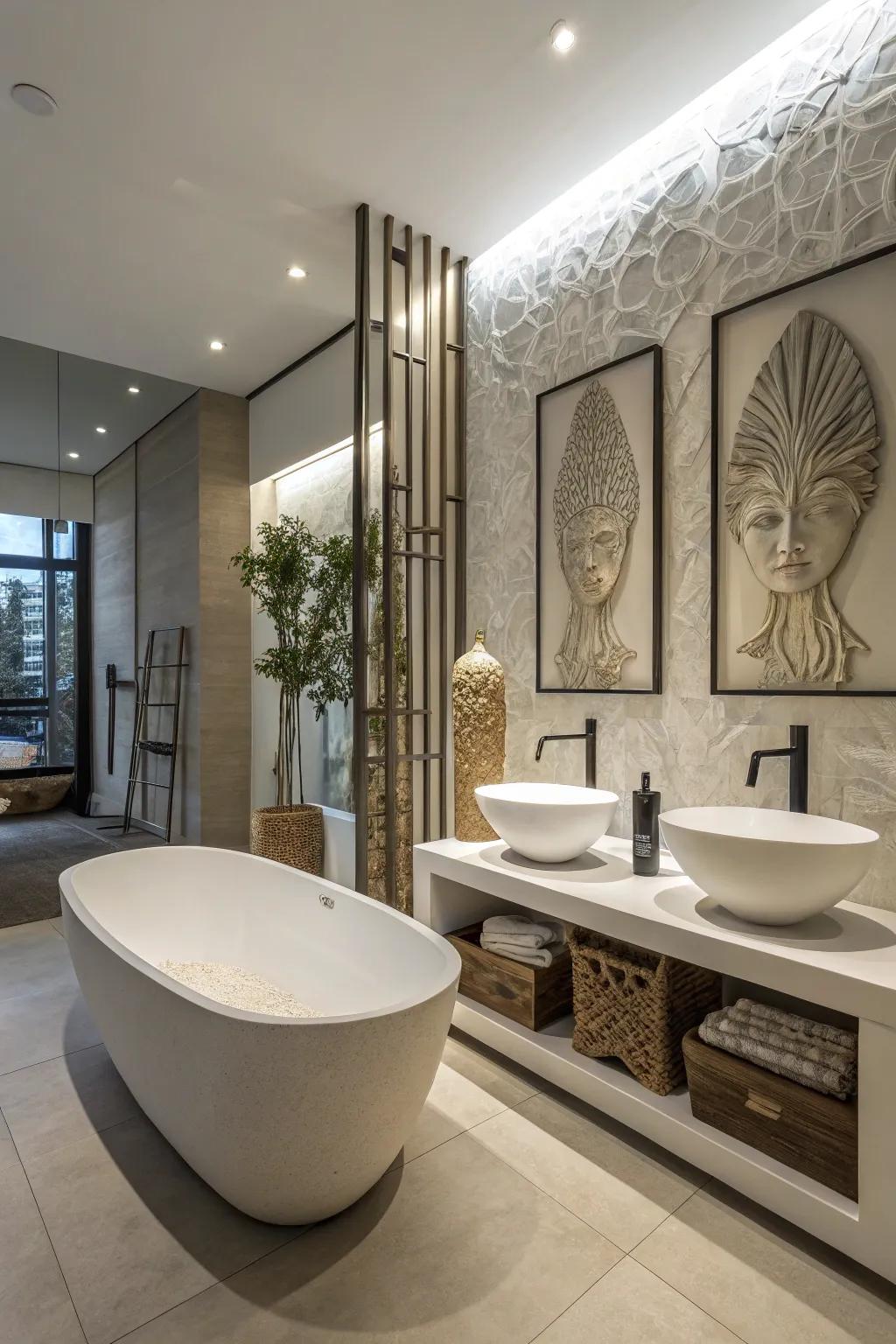 Artistic fixtures add a singular and artistic element to this bathroom.