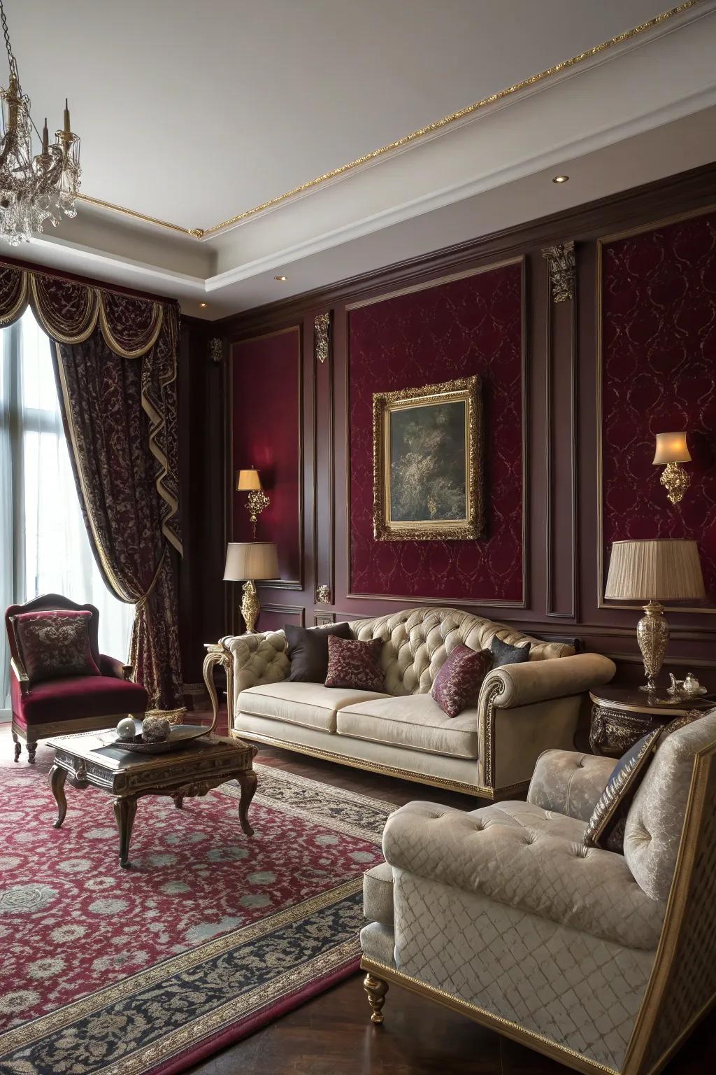 Deep red walls bring a dramatic and sophisticated flair to this living area.