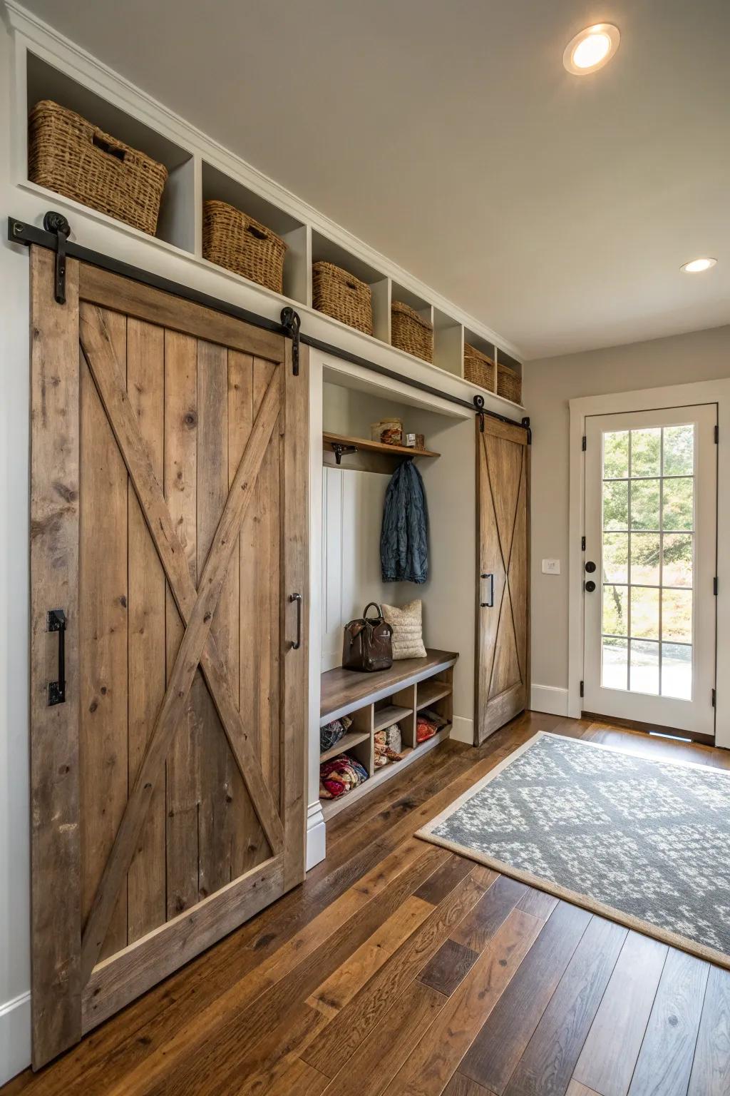 Sliding barn doors provide appeal and conserve space.