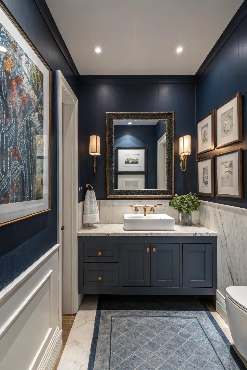 Contemporary artwork adds personality to deep sea blue bathrooms.