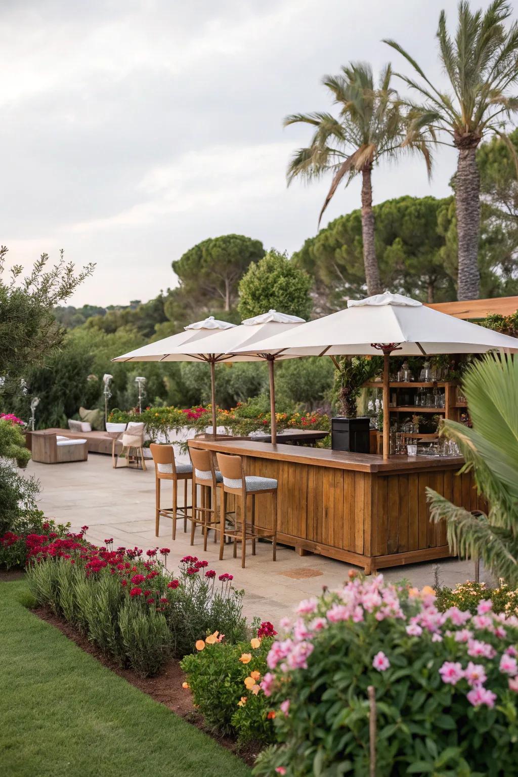 A bar integrated seamlessly into the garden for a natural ambiance.